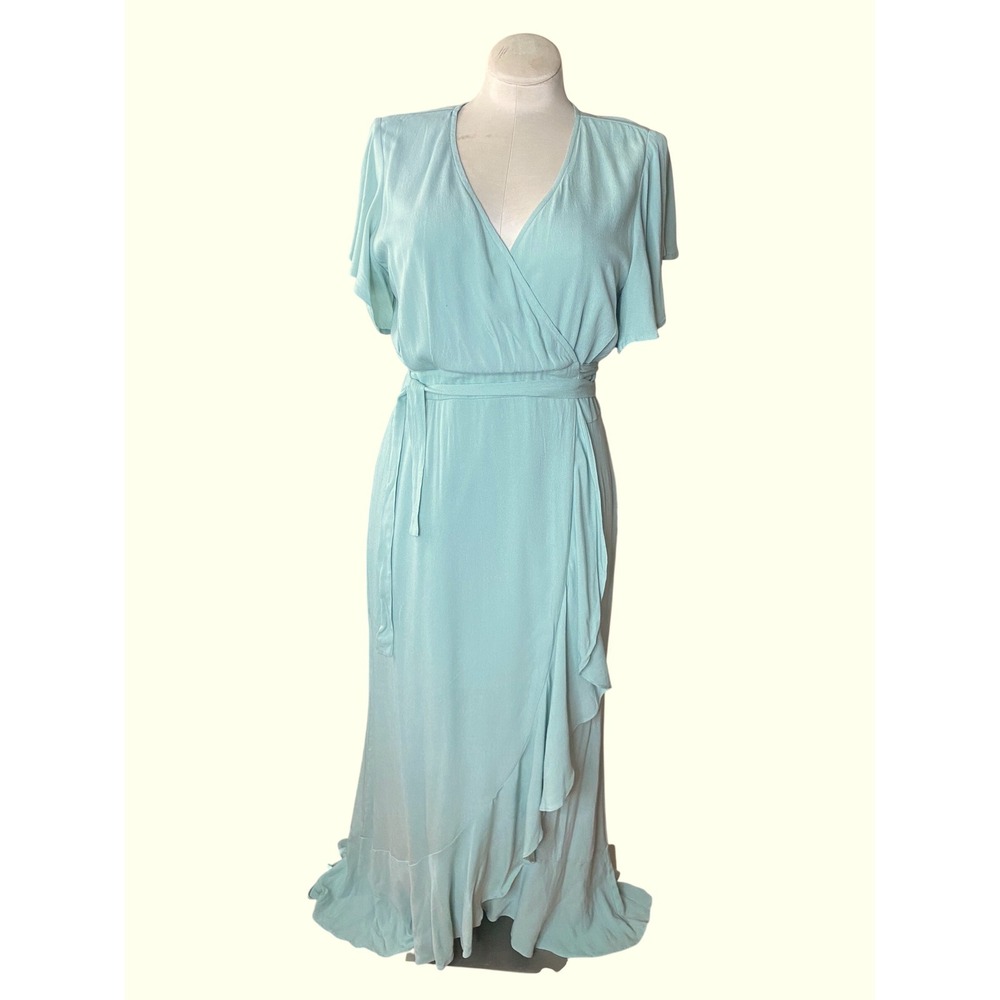 Bluivy Wrap Maxi Dress green Sz L  Flutter Sleeve V-Neck Ruffle Hem feminine